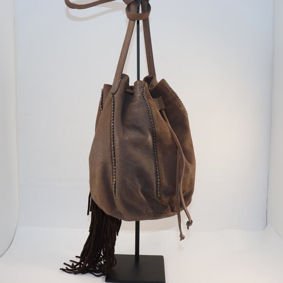 Barbara Bonner Leather Fringe Drawstring Bucket Bag – Boho Style, Repaired - Picture 1 of 5